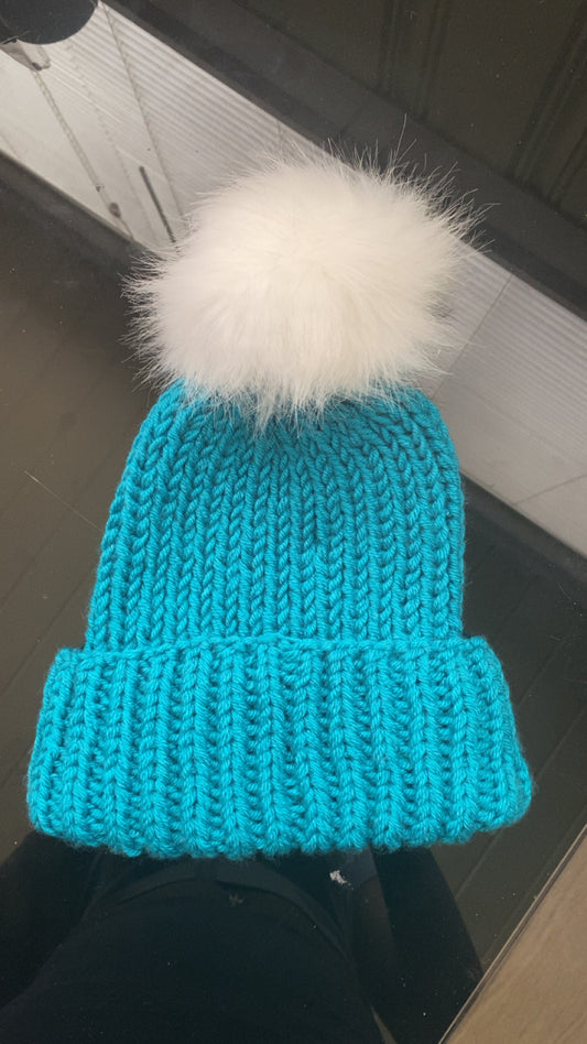 Peacock Chunky Knit Fur Pompom Beanie
