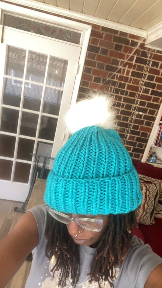 Peacock Chunky Knit Fur Pompom Beanie